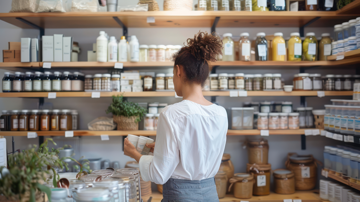 L'Embellie création graphique - rayon d'épicerie fine garni de bocaux et de bouteilles aux étiquettes de produits alimentaires